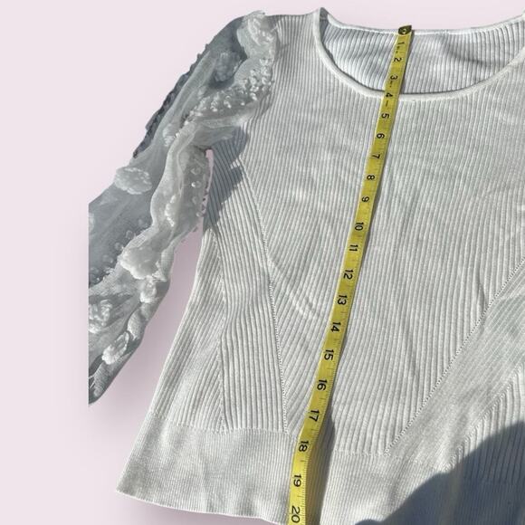 White sweater with sheer tufted sleeves.  Women's size 7-9 - Picture 8 of 9